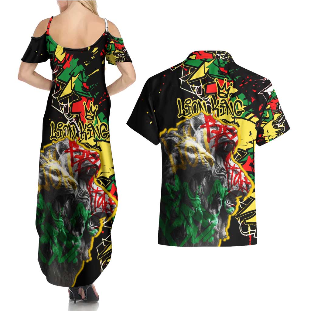 Lion King Africa Graffiti Street Art Couples Matching Summer Maxi Dress and Hawaiian Shirt Bold Text and Neon Colors Design - Wonder Print Shop