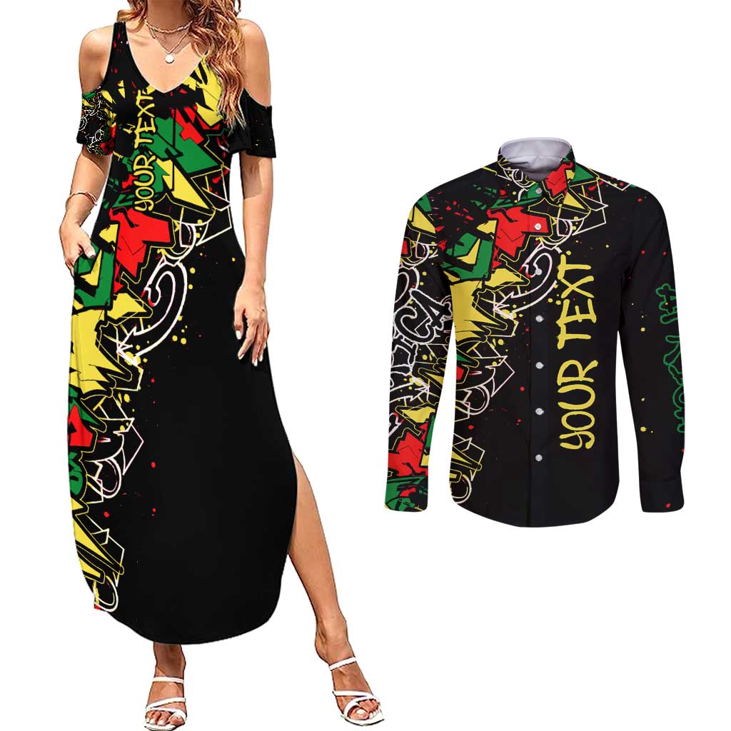 Lion King Africa Graffiti Street Art Couples Matching Summer Maxi Dress and Long Sleeve Button Shirt Bold Text and Neon Colors Design - Wonder Print Shop