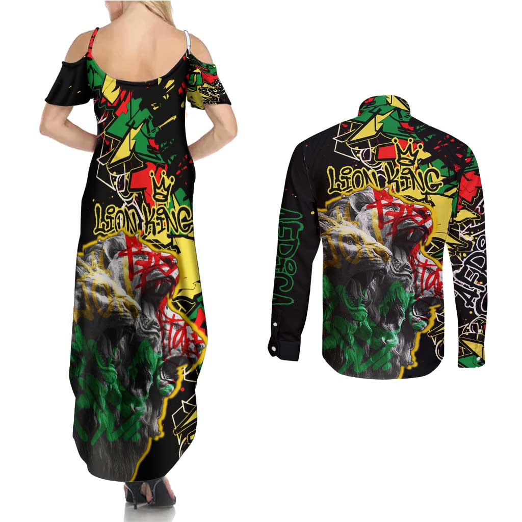Lion King Africa Graffiti Street Art Couples Matching Summer Maxi Dress and Long Sleeve Button Shirt Bold Text and Neon Colors Design - Wonder Print Shop