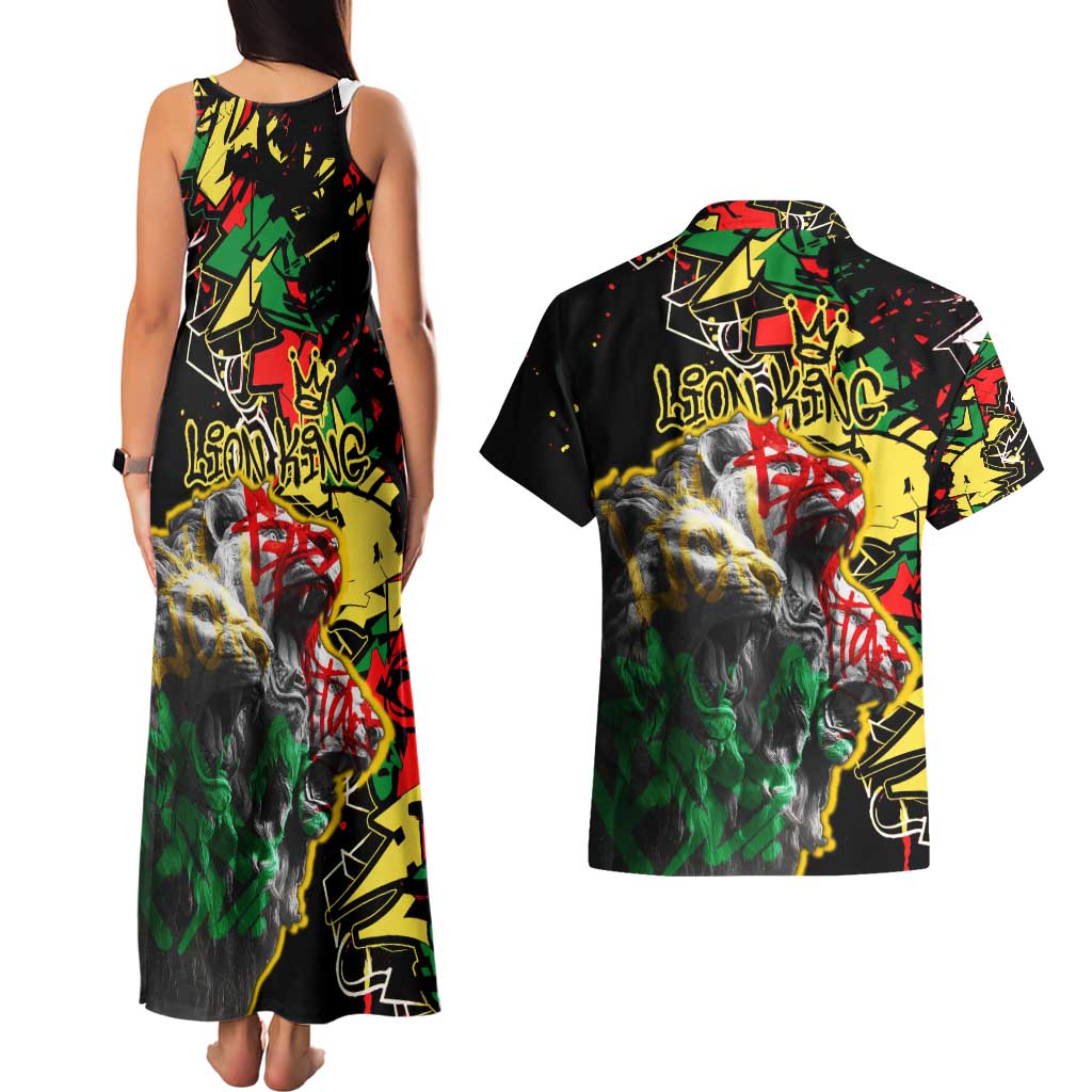 Lion King Africa Graffiti Street Art Couples Matching Tank Maxi Dress and Hawaiian Shirt Bold Text and Neon Colors Design - Wonder Print Shop