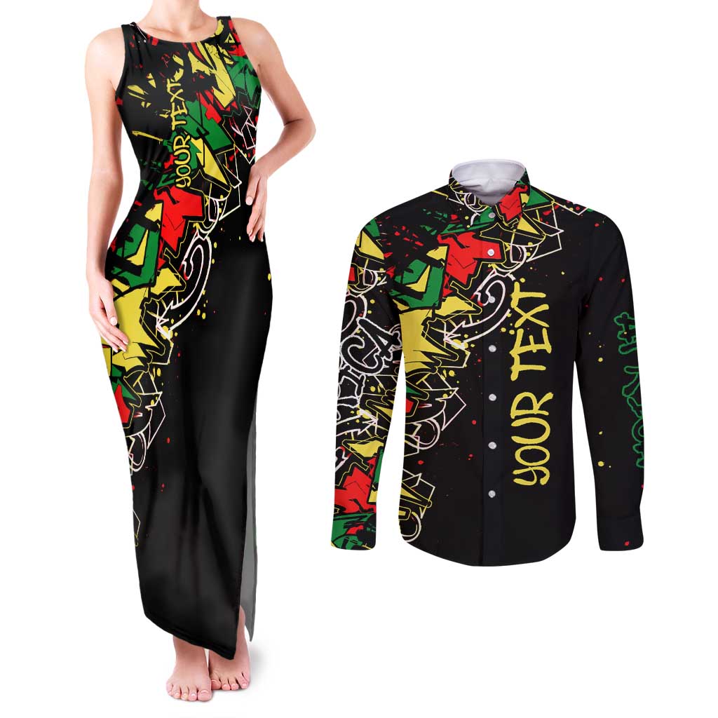 Lion King Africa Graffiti Street Art Couples Matching Tank Maxi Dress and Long Sleeve Button Shirt Bold Text and Neon Colors Design - Wonder Print Shop