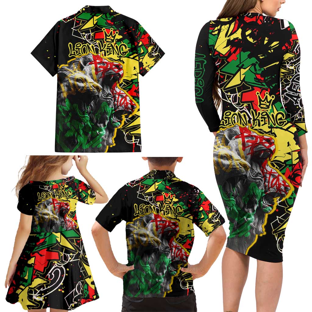 Lion King Africa Graffiti Street Art Family Matching Long Sleeve Bodycon Dress and Hawaiian Shirt Bold Text and Neon Colors Design - Wonder Print Shop