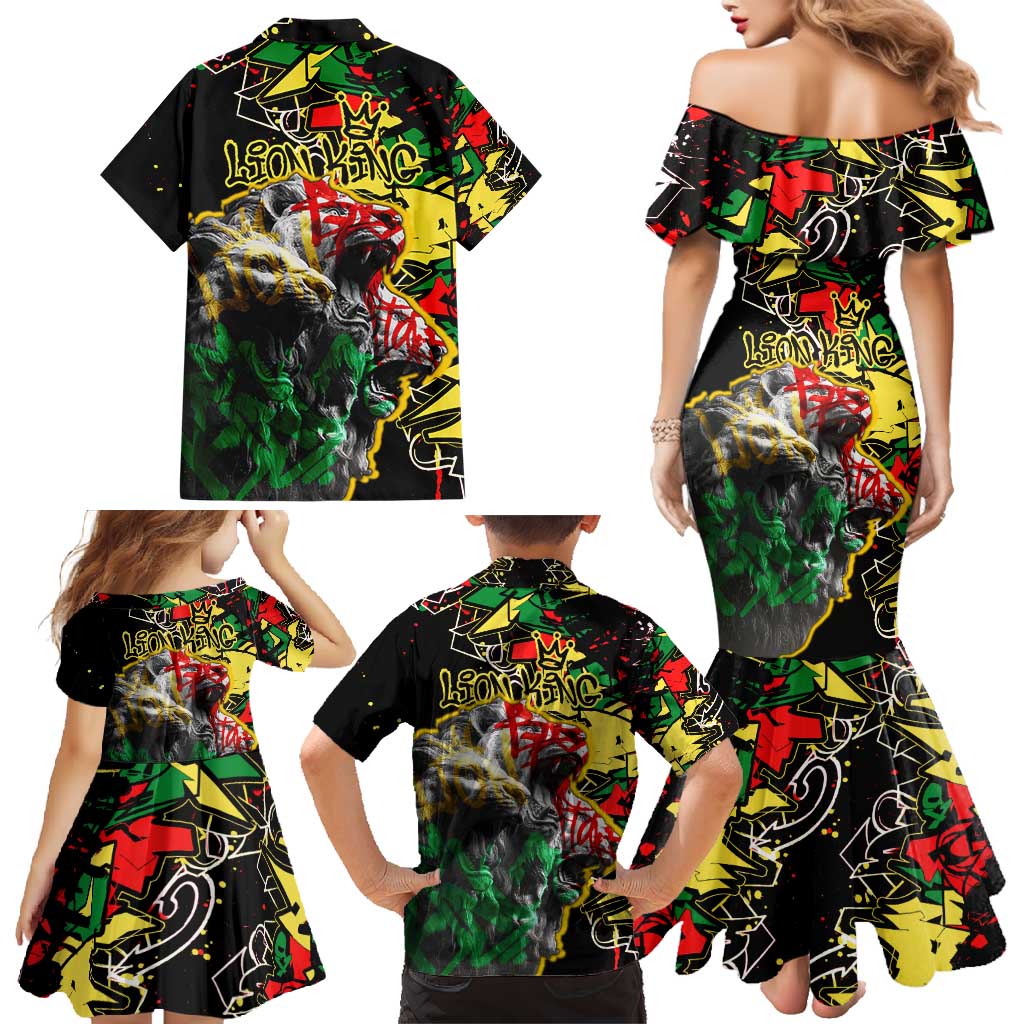 Lion King Africa Graffiti Street Art Family Matching Mermaid Dress and Hawaiian Shirt Bold Text and Neon Colors Design - Wonder Print Shop