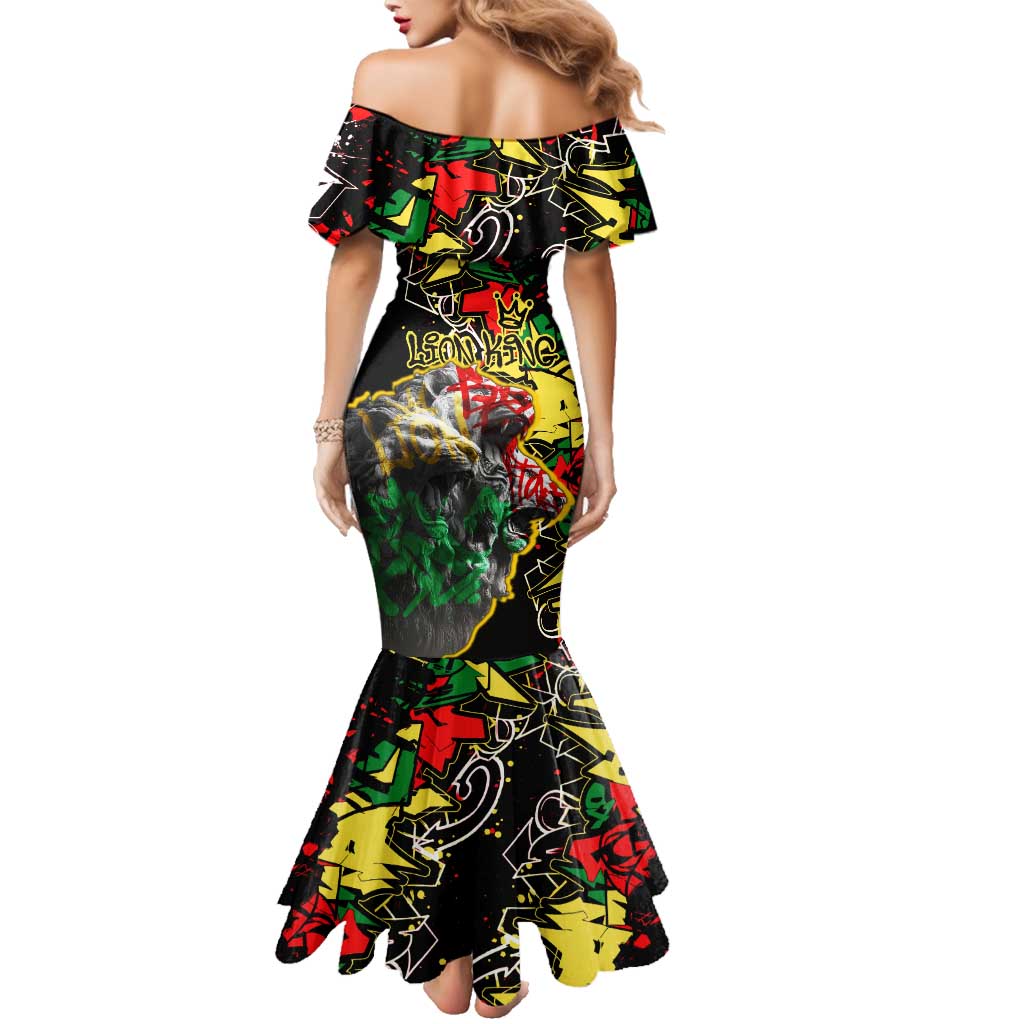 Lion King Africa Graffiti Street Art Family Matching Mermaid Dress and Hawaiian Shirt Bold Text and Neon Colors Design - Wonder Print Shop