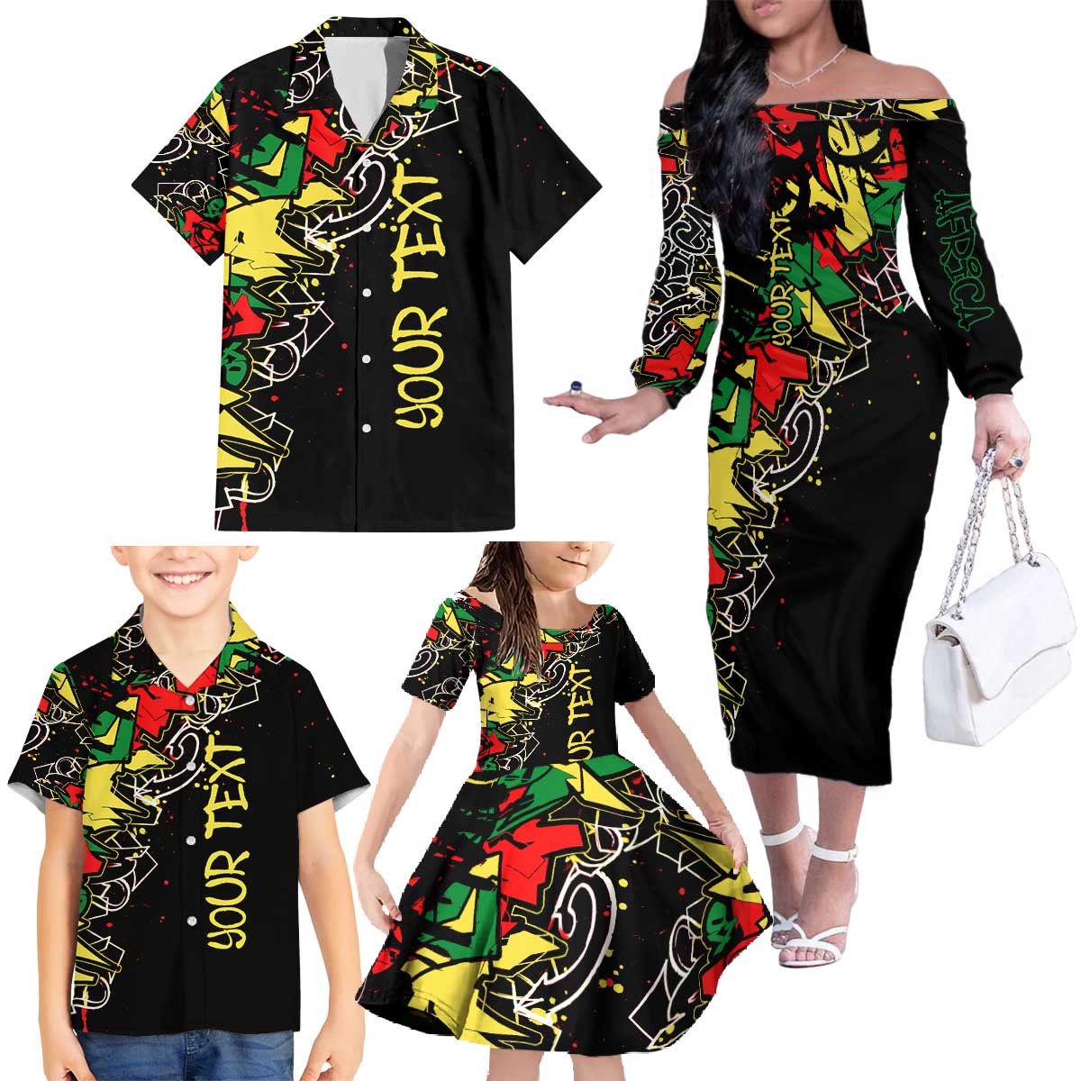 Lion King Africa Graffiti Street Art Family Matching Off The Shoulder Long Sleeve Dress and Hawaiian Shirt Bold Text and Neon Colors Design - Wonder Print Shop