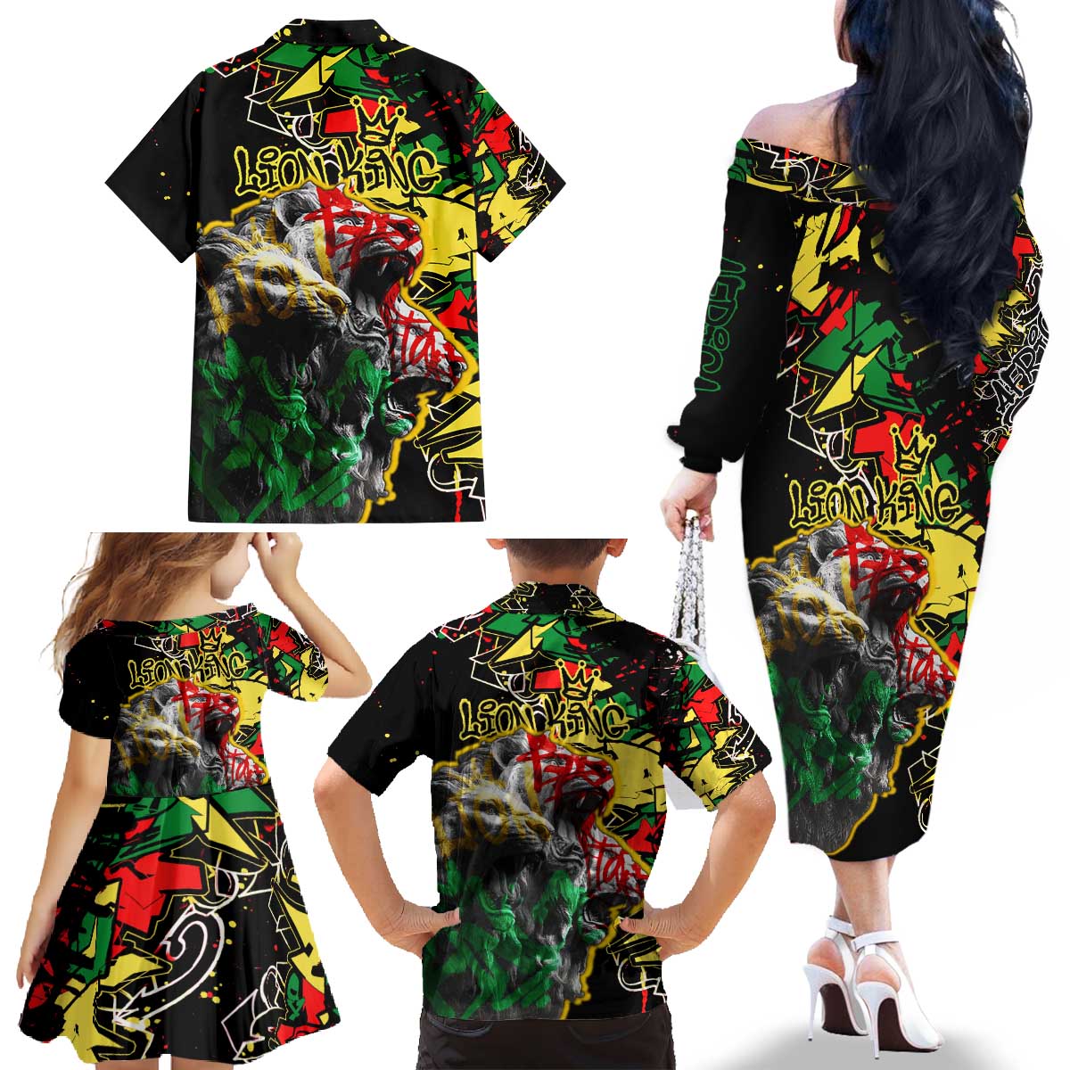 Lion King Africa Graffiti Street Art Family Matching Off The Shoulder Long Sleeve Dress and Hawaiian Shirt Bold Text and Neon Colors Design - Wonder Print Shop