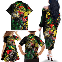 Lion King Africa Graffiti Street Art Family Matching Off The Shoulder Long Sleeve Dress and Hawaiian Shirt Bold Text and Neon Colors Design - Wonder Print Shop