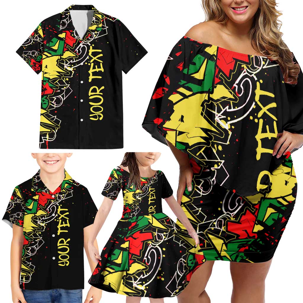 Lion King Africa Graffiti Street Art Family Matching Off Shoulder Short Dress and Hawaiian Shirt Bold Text and Neon Colors Design - Wonder Print Shop