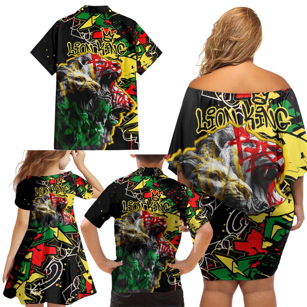 Lion King Africa Graffiti Street Art Family Matching Off Shoulder Short Dress and Hawaiian Shirt Bold Text and Neon Colors Design - Wonder Print Shop