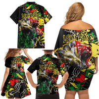 Lion King Africa Graffiti Street Art Family Matching Off Shoulder Short Dress and Hawaiian Shirt Bold Text and Neon Colors Design - Wonder Print Shop