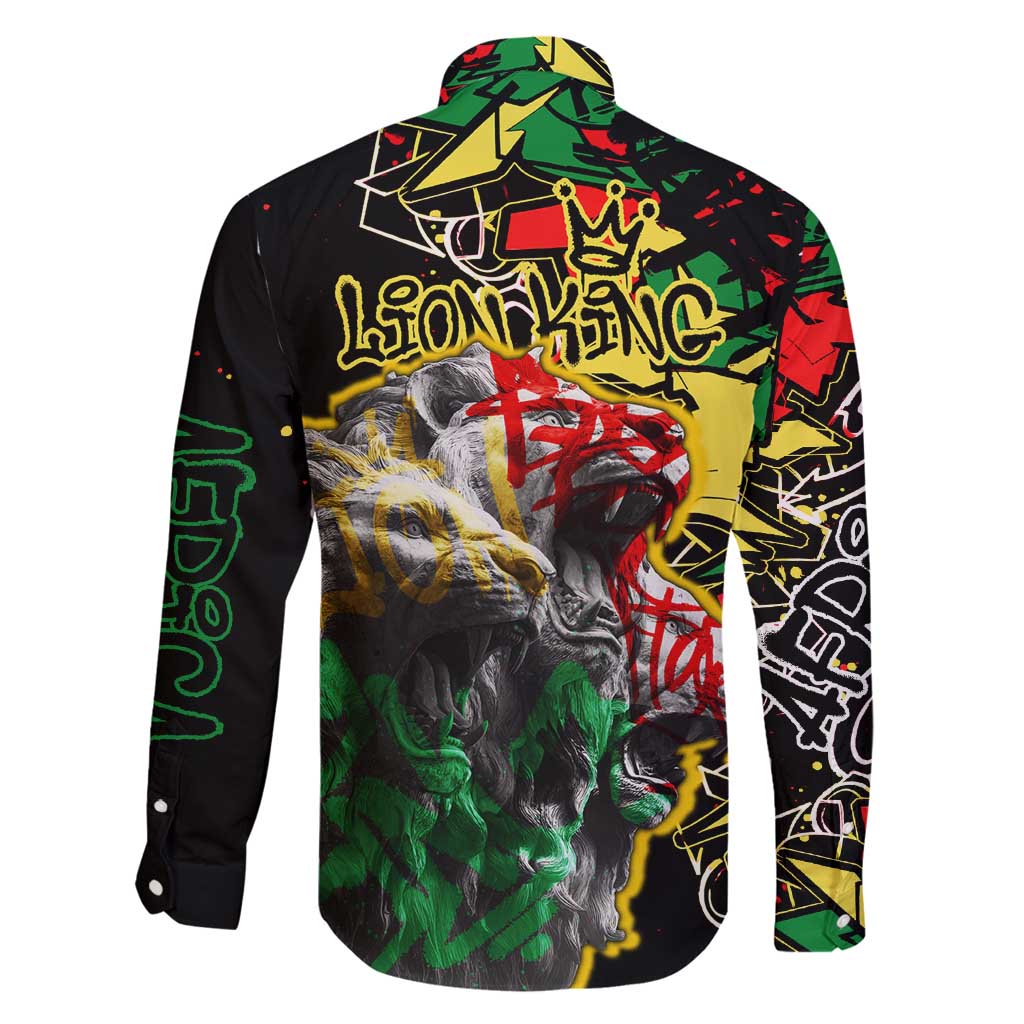 Lion King Africa Graffiti Street Art Family Matching Off Shoulder Short Dress and Hawaiian Shirt Bold Text and Neon Colors Design - Wonder Print Shop