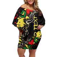 Lion King Africa Graffiti Street Art Family Matching Off Shoulder Short Dress and Hawaiian Shirt Bold Text and Neon Colors Design - Wonder Print Shop