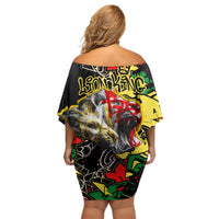 Lion King Africa Graffiti Street Art Family Matching Off Shoulder Short Dress and Hawaiian Shirt Bold Text and Neon Colors Design - Wonder Print Shop