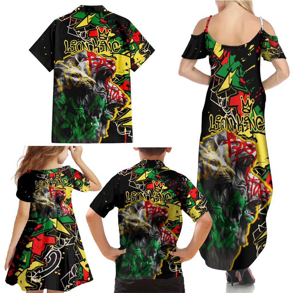 Lion King Africa Graffiti Street Art Family Matching Summer Maxi Dress and Hawaiian Shirt Bold Text and Neon Colors Design - Wonder Print Shop
