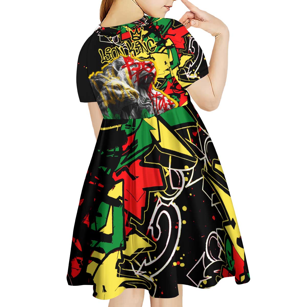 Lion King Africa Graffiti Street Art Kid Short Sleeve Dress Bold Text and Neon Colors Design - Wonder Print Shop