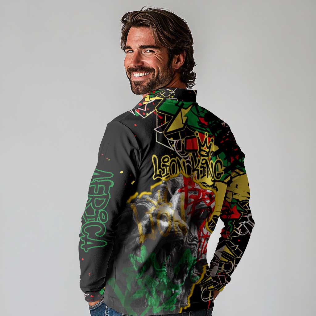 Lion King Africa Graffiti Street Art Long Sleeve Polo Shirt Bold Text and Neon Colors Design - Wonder Print Shop