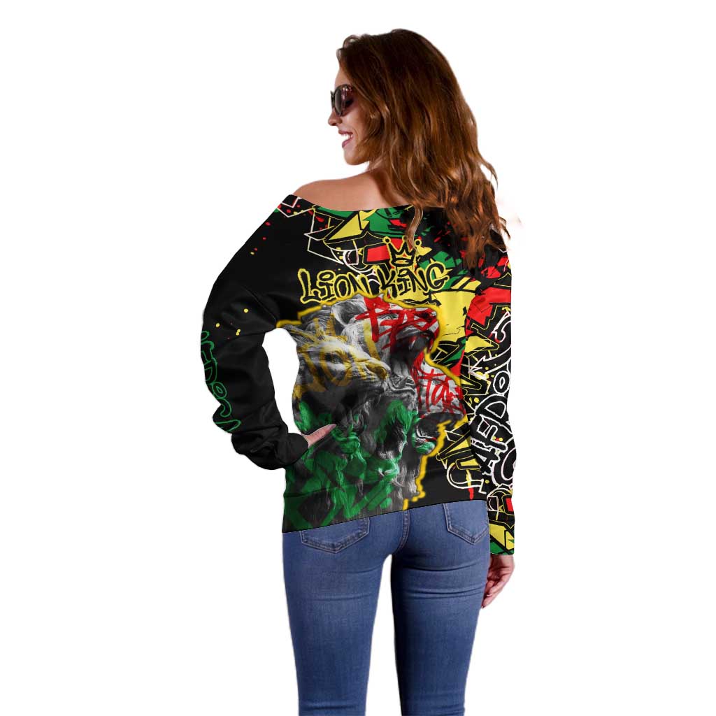 Lion King Africa Graffiti Street Art Off Shoulder Sweater Bold Text and Neon Colors Design - Wonder Print Shop