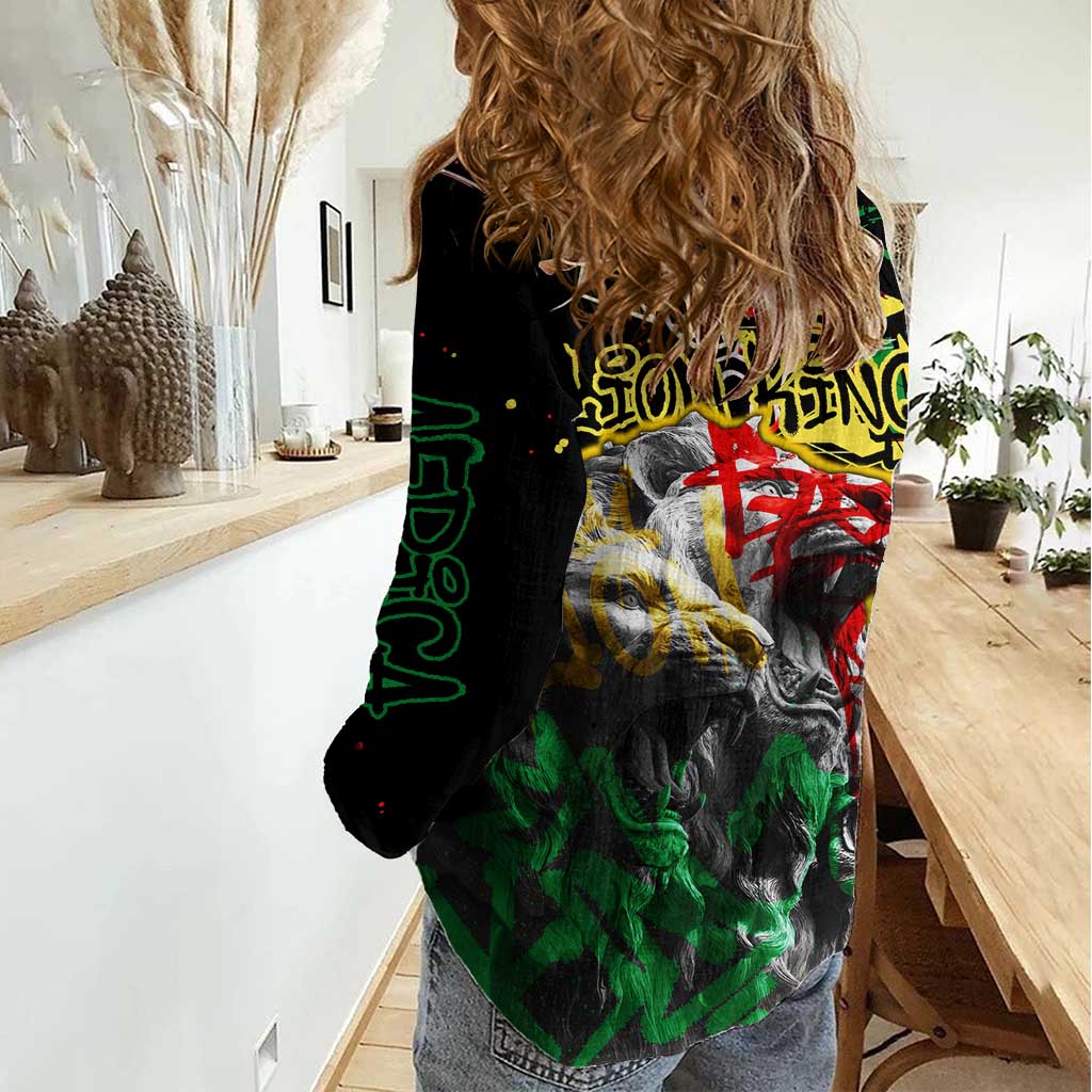 Lion King Africa Graffiti Street Art Women Casual Shirt Bold Text and Neon Colors Design - Wonder Print Shop