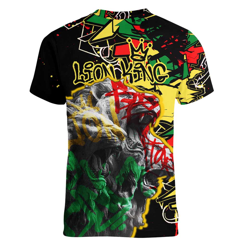 Lion King Africa Graffiti Street Art Women V-Neck T-Shirt Bold Text and Neon Colors Design - Wonder Print Shop