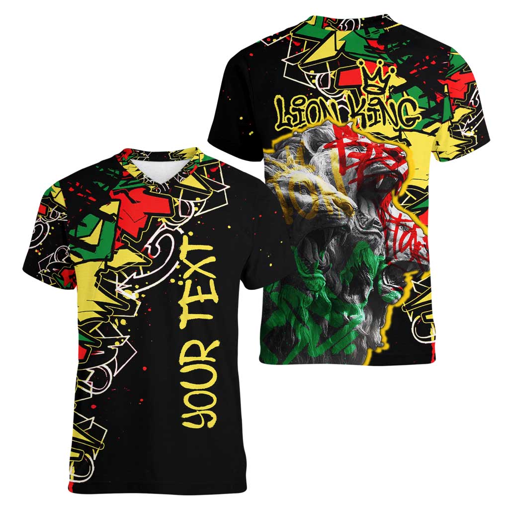 Lion King Africa Graffiti Street Art Women V-Neck T-Shirt Bold Text and Neon Colors Design - Wonder Print Shop