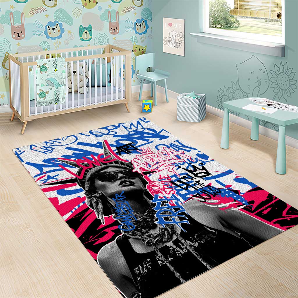 Statue of Liberty Graffiti Street Art Area Rug America Text and 4th of July Theme in Red White and Blue Design - Wonder Print Shop