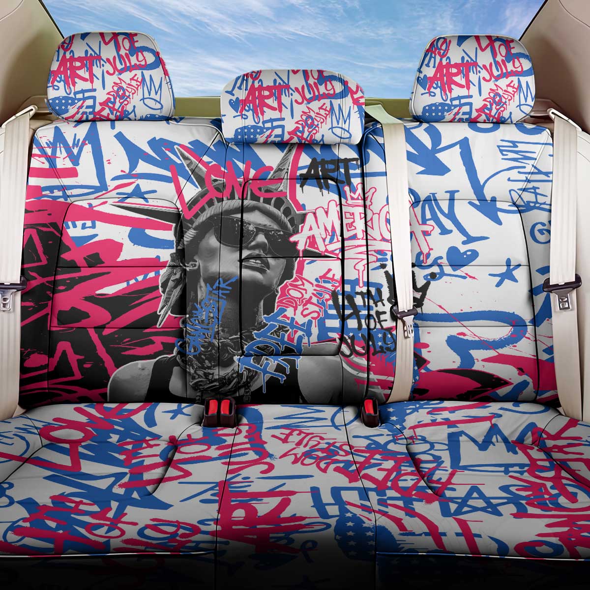 Statue of Liberty Graffiti Street Art Back Car Seat Cover America Text and 4th of July Theme in Red White and Blue Design - Wonder Print Shop