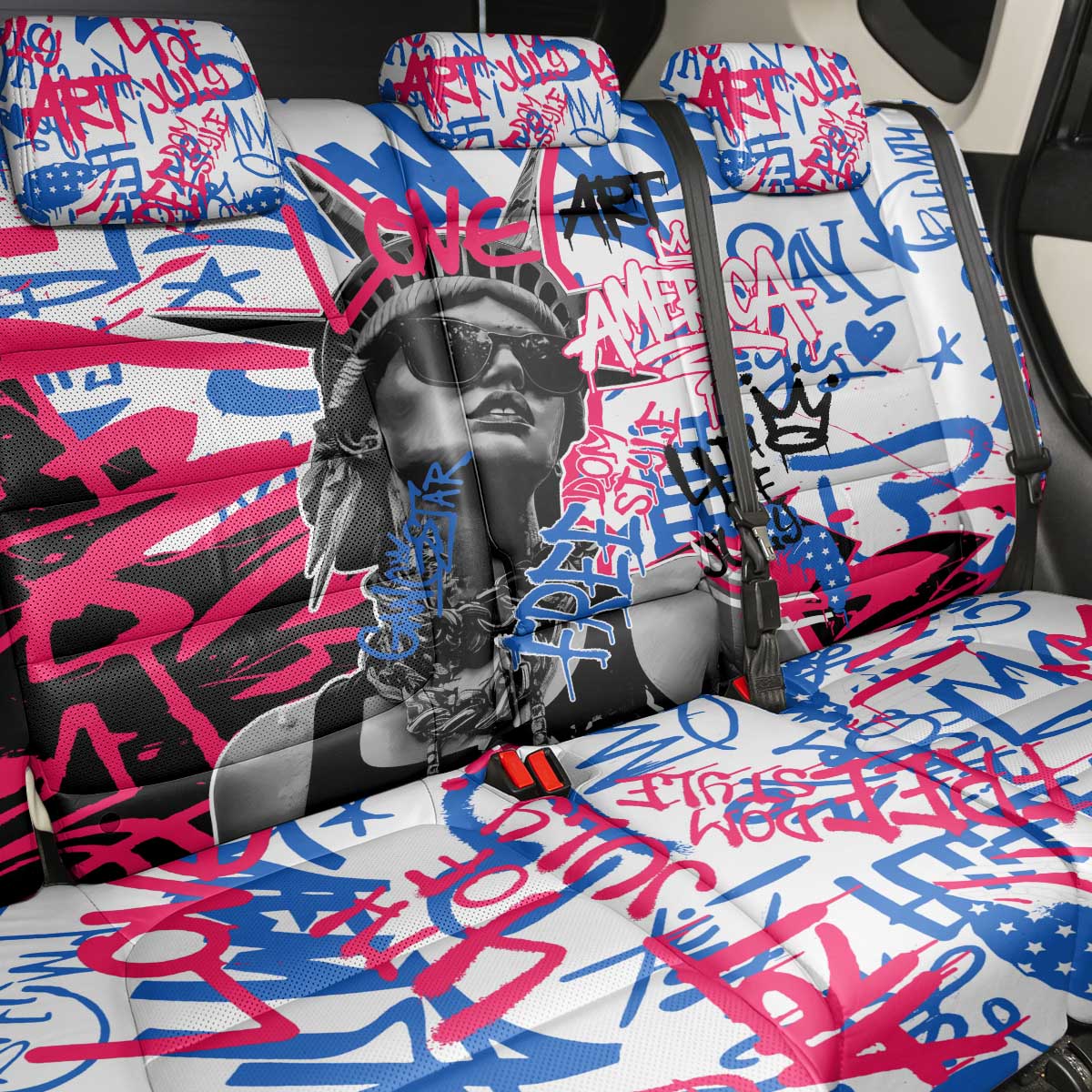Statue of Liberty Graffiti Street Art Back Car Seat Cover America Text and 4th of July Theme in Red White and Blue Design - Wonder Print Shop