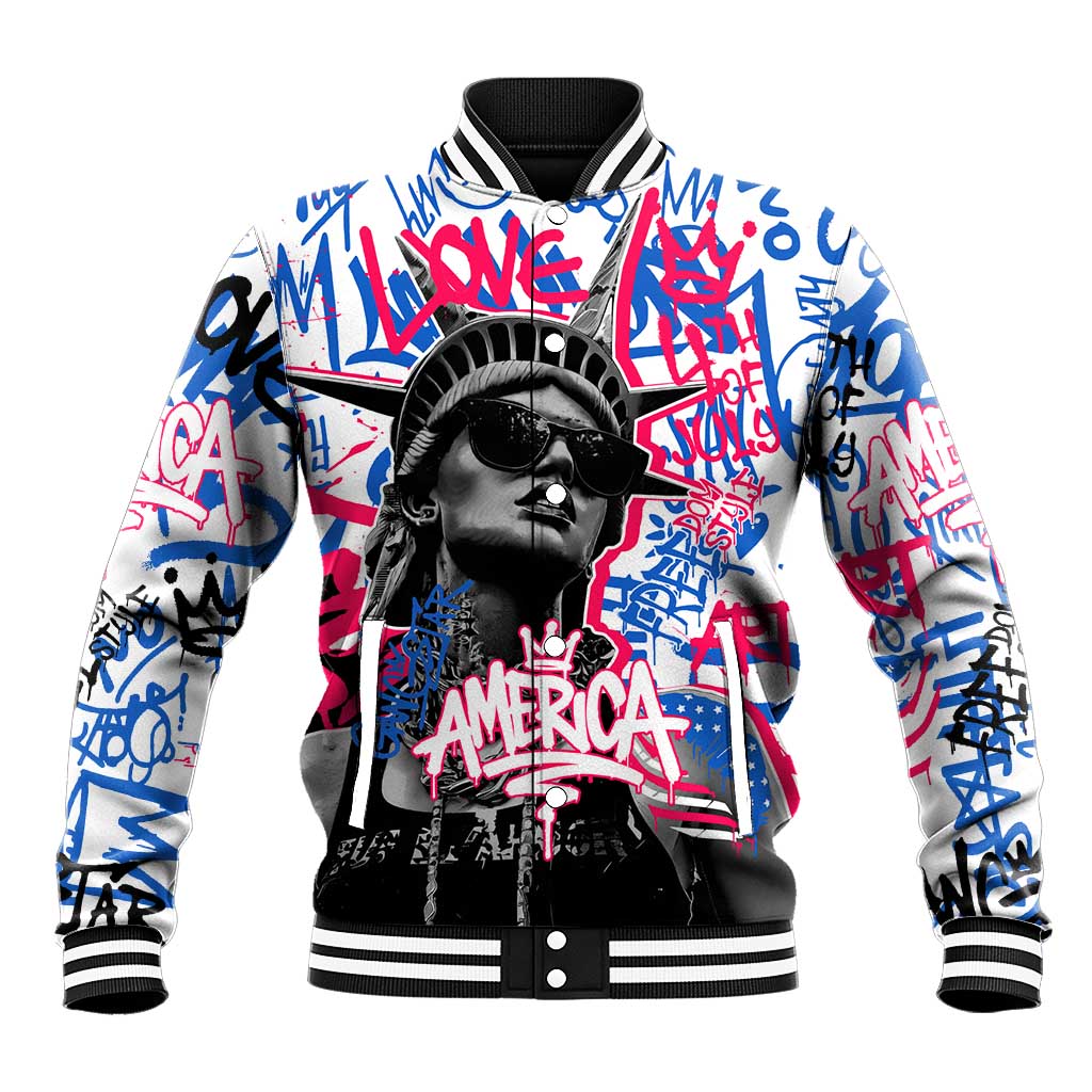 Statue of Liberty Graffiti Street Art Baseball Jacket America Text and 4th of July Theme in Red White and Blue Design - Wonder Print Shop