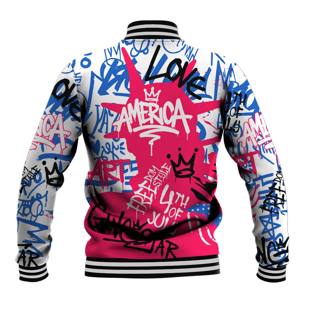 Statue of Liberty Graffiti Street Art Baseball Jacket America Text and 4th of July Theme in Red White and Blue Design - Wonder Print Shop