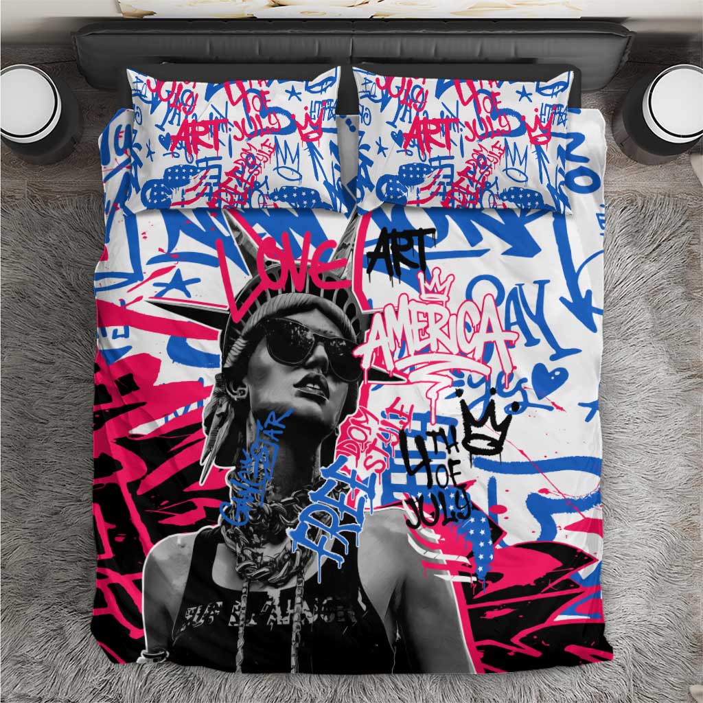 Statue of Liberty Graffiti Street Art Bedding Set America Text and 4th of July Theme in Red White and Blue Design - Wonder Print Shop