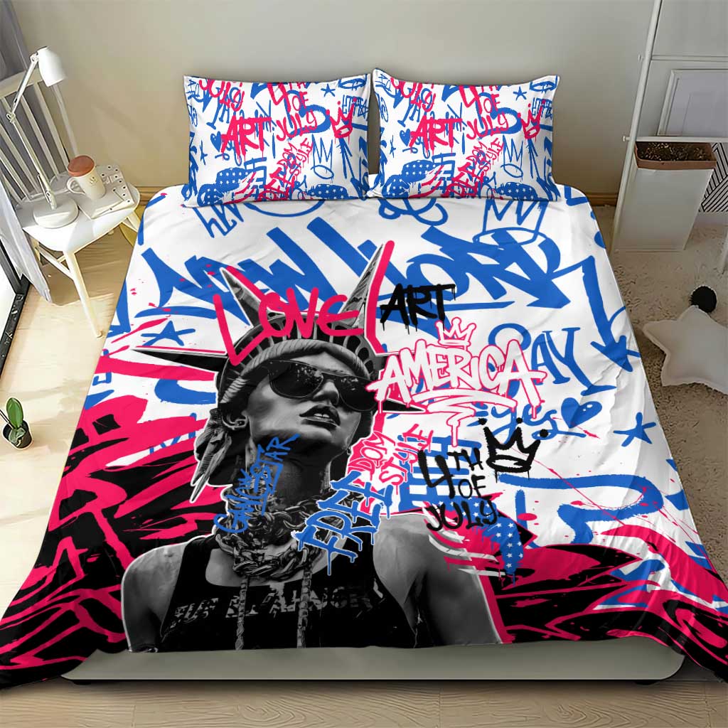 Statue of Liberty Graffiti Street Art Bedding Set America Text and 4th of July Theme in Red White and Blue Design - Wonder Print Shop