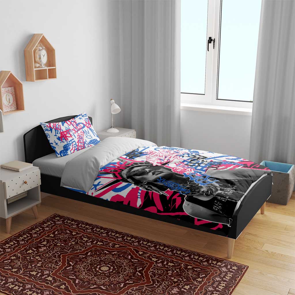 Statue of Liberty Graffiti Street Art Bedding Set America Text and 4th of July Theme in Red White and Blue Design - Wonder Print Shop