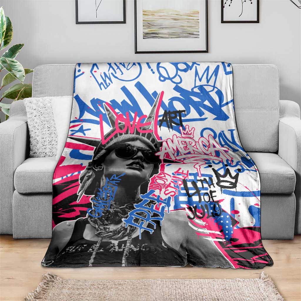 Statue of Liberty Graffiti Street Art Blanket America Text and 4th of July Theme in Red White and Blue Design - Wonder Print Shop