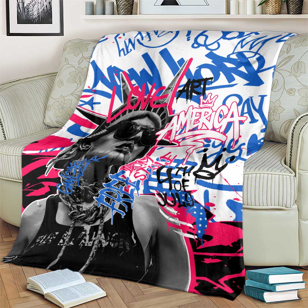 Statue of Liberty Graffiti Street Art Blanket America Text and 4th of July Theme in Red White and Blue Design - Wonder Print Shop