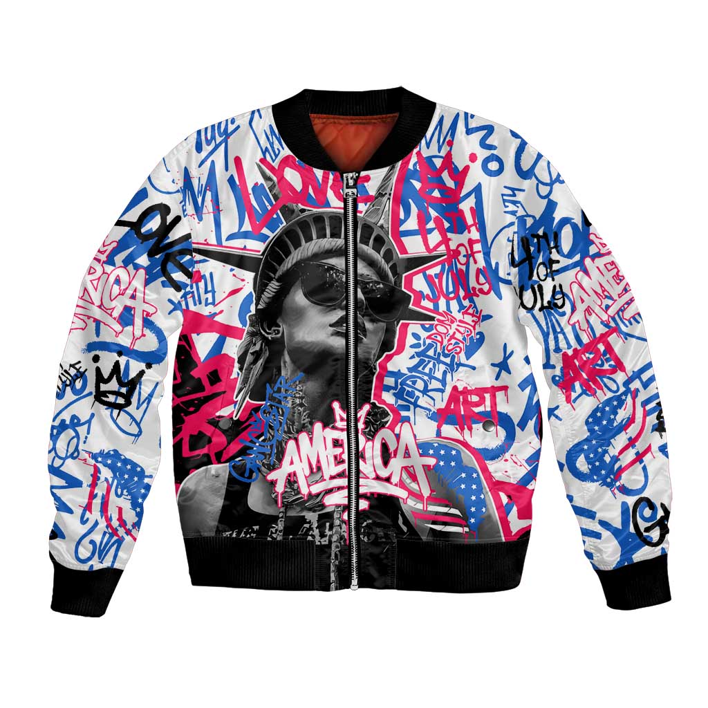 Statue of Liberty Graffiti Street Art Bomber Jacket America Text and 4th of July Theme in Red White and Blue Design - Wonder Print Shop