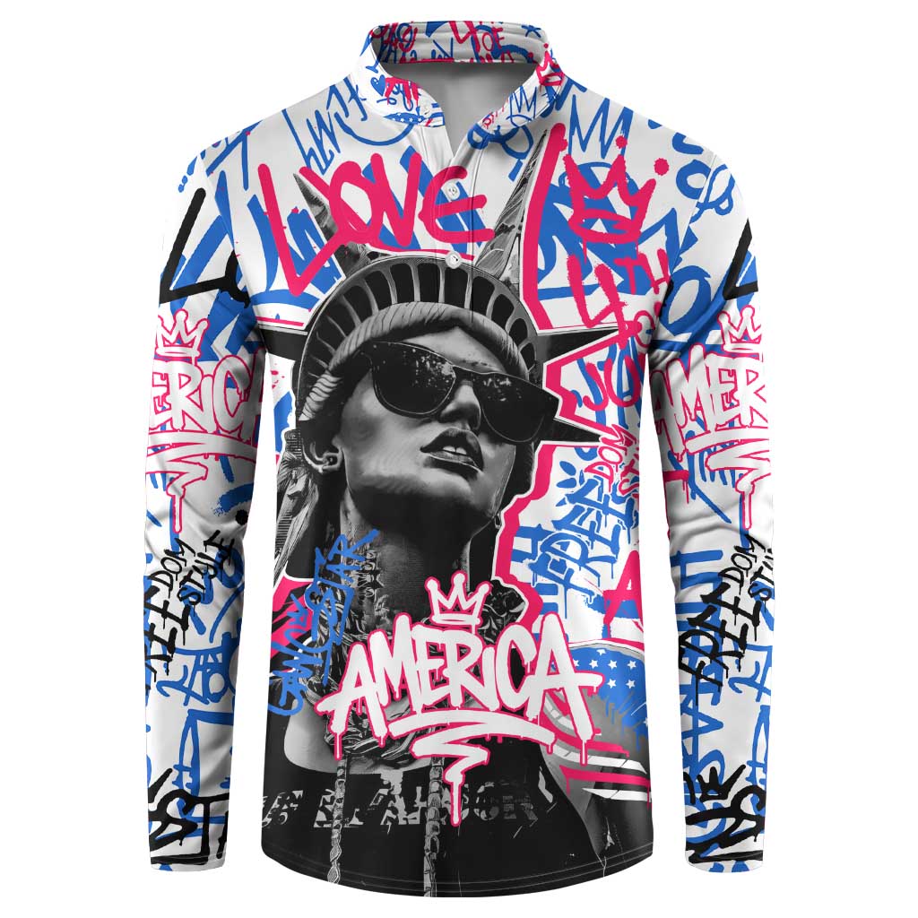 Statue of Liberty Graffiti Street Art Button Sweatshirt America Text and 4th of July Theme in Red White and Blue Design - Wonder Print Shop