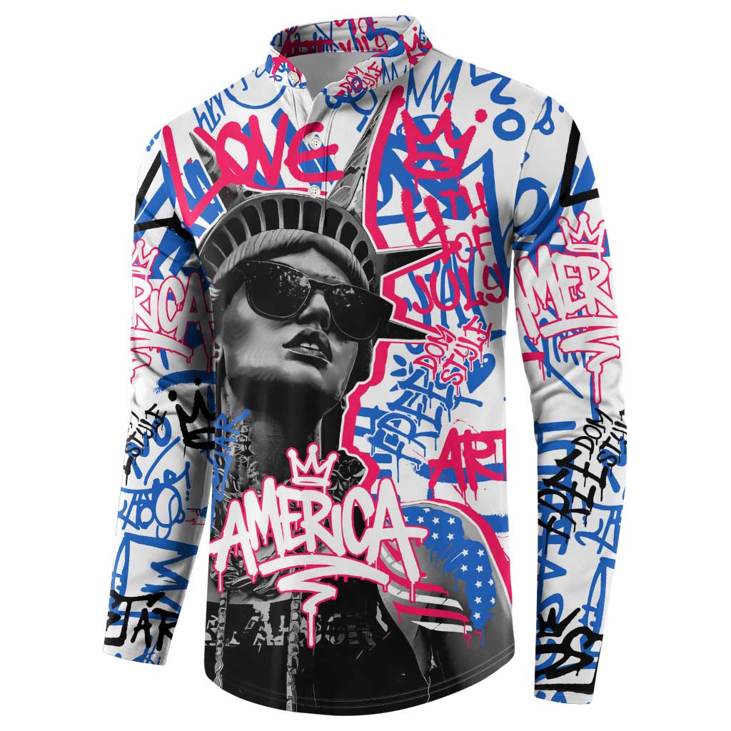 Statue of Liberty Graffiti Street Art Button Sweatshirt America Text and 4th of July Theme in Red White and Blue Design - Wonder Print Shop