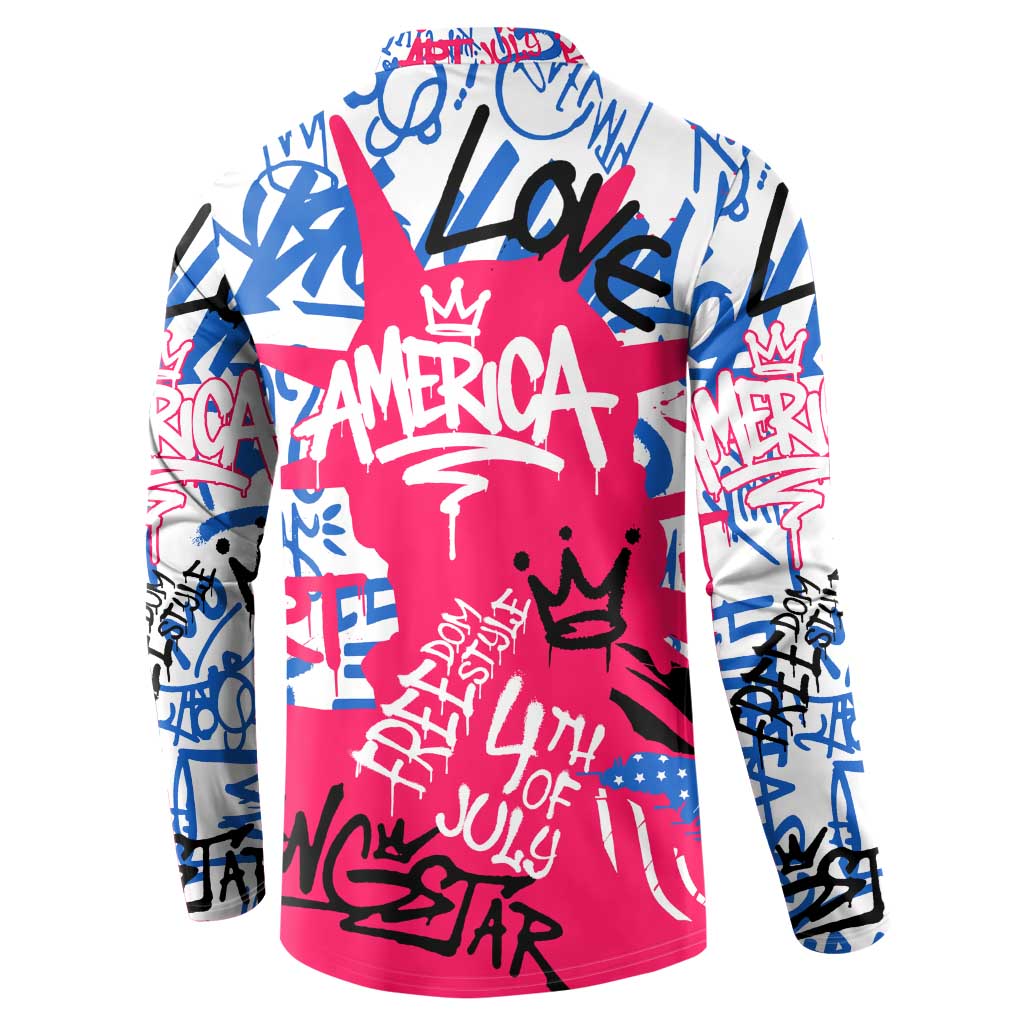 Statue of Liberty Graffiti Street Art Button Sweatshirt America Text and 4th of July Theme in Red White and Blue Design - Wonder Print Shop