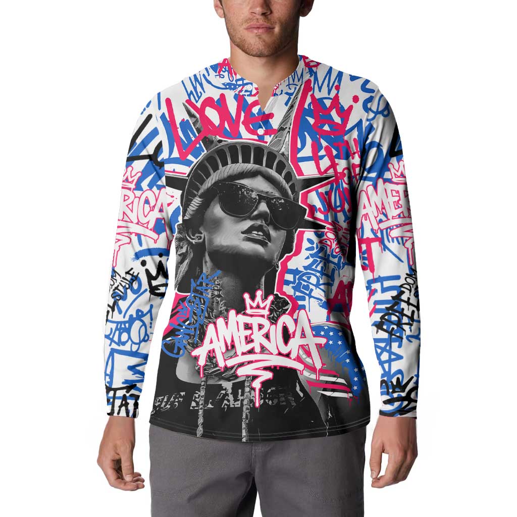 Statue of Liberty Graffiti Street Art Button Sweatshirt America Text and 4th of July Theme in Red White and Blue Design - Wonder Print Shop