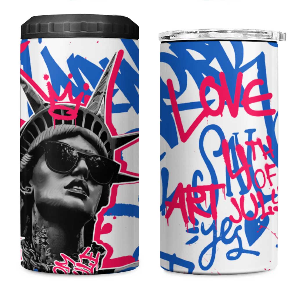 Statue of Liberty Graffiti Street Art 4 in 1 Can Cooler Tumbler America Text and 4th of July Theme in Red White and Blue Design - Wonder Print Shop