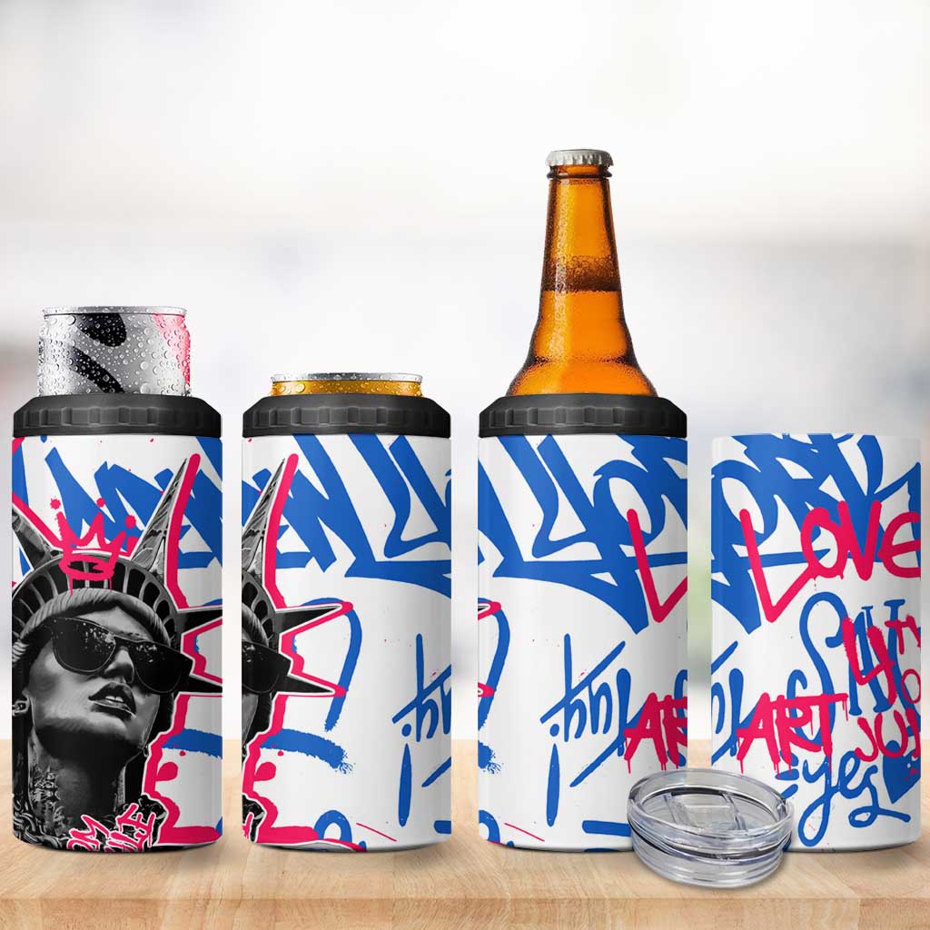 Statue of Liberty Graffiti Street Art 4 in 1 Can Cooler Tumbler America Text and 4th of July Theme in Red White and Blue Design - Wonder Print Shop