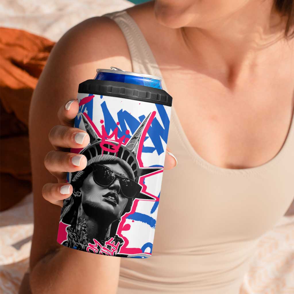 Statue of Liberty Graffiti Street Art 4 in 1 Can Cooler Tumbler America Text and 4th of July Theme in Red White and Blue Design - Wonder Print Shop