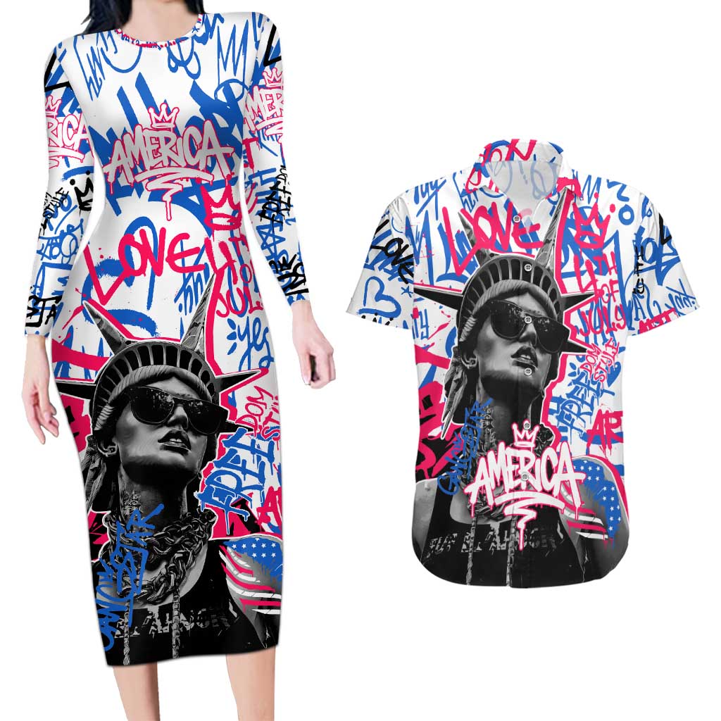 Statue of Liberty Graffiti Street Art Couples Matching Long Sleeve Bodycon Dress and Hawaiian Shirt America Text and 4th of July Theme in Red White and Blue Design - Wonder Print Shop