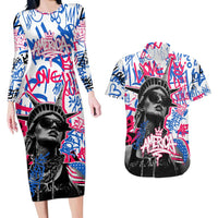 Statue of Liberty Graffiti Street Art Couples Matching Long Sleeve Bodycon Dress and Hawaiian Shirt America Text and 4th of July Theme in Red White and Blue Design - Wonder Print Shop