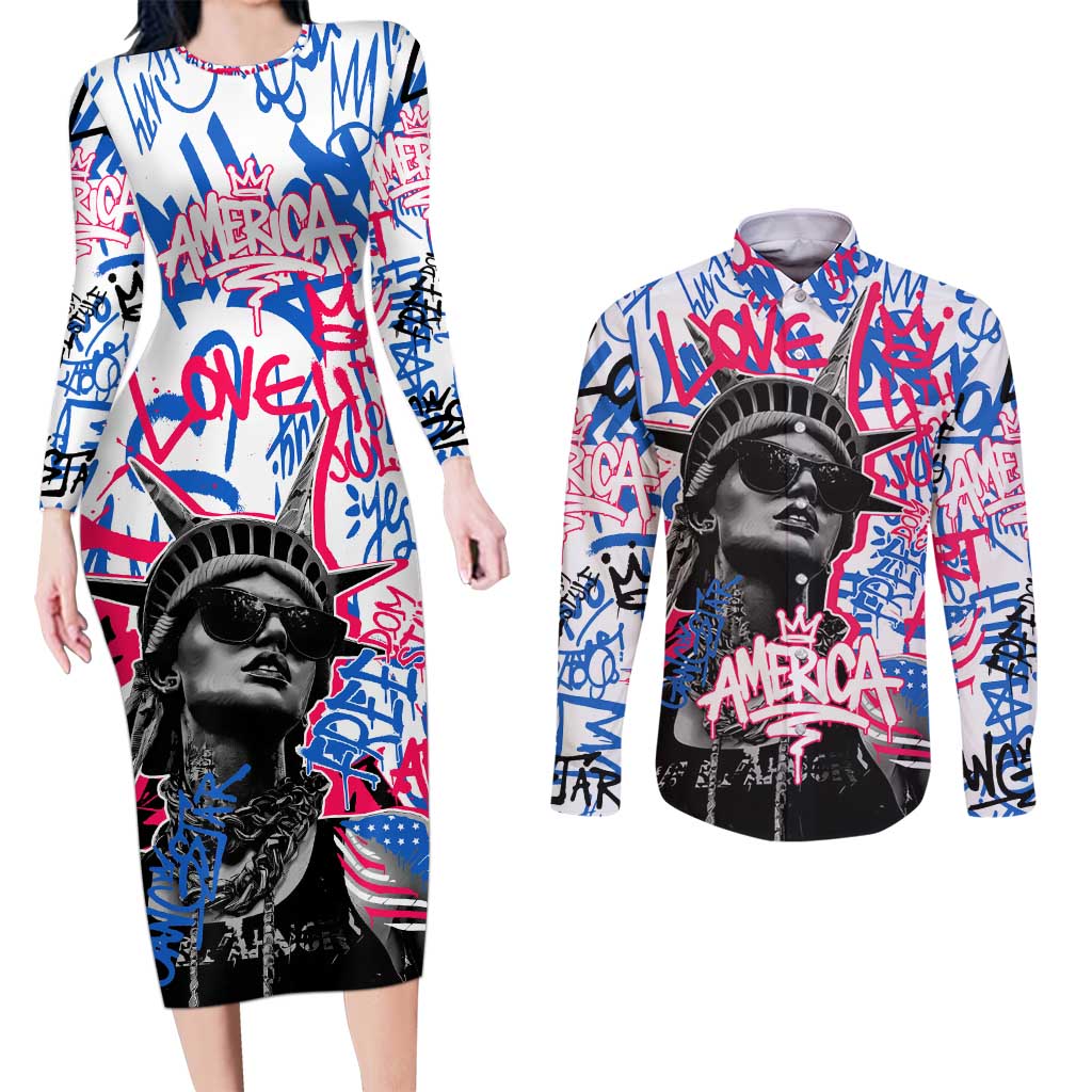 Statue of Liberty Graffiti Street Art Couples Matching Long Sleeve Bodycon Dress and Long Sleeve Button Shirt America Text and 4th of July Theme in Red White and Blue Design - Wonder Print Shop