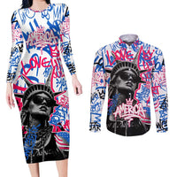 Statue of Liberty Graffiti Street Art Couples Matching Long Sleeve Bodycon Dress and Long Sleeve Button Shirt America Text and 4th of July Theme in Red White and Blue Design - Wonder Print Shop