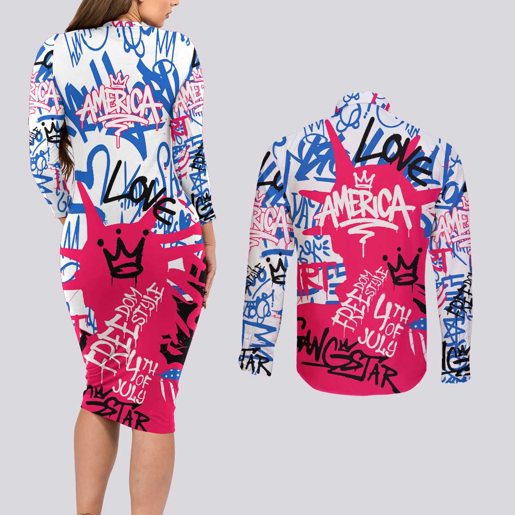 Statue of Liberty Graffiti Street Art Couples Matching Long Sleeve Bodycon Dress and Long Sleeve Button Shirt America Text and 4th of July Theme in Red White and Blue Design - Wonder Print Shop