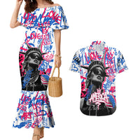 Statue of Liberty Graffiti Street Art Couples Matching Mermaid Dress and Hawaiian Shirt America Text and 4th of July Theme in Red White and Blue Design - Wonder Print Shop