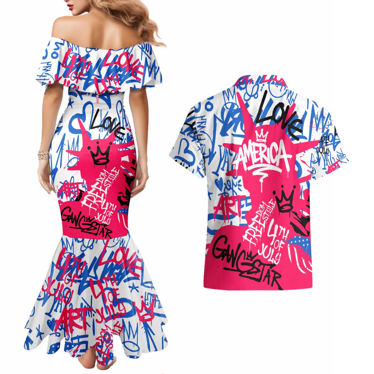 Statue of Liberty Graffiti Street Art Couples Matching Mermaid Dress and Hawaiian Shirt America Text and 4th of July Theme in Red White and Blue Design - Wonder Print Shop