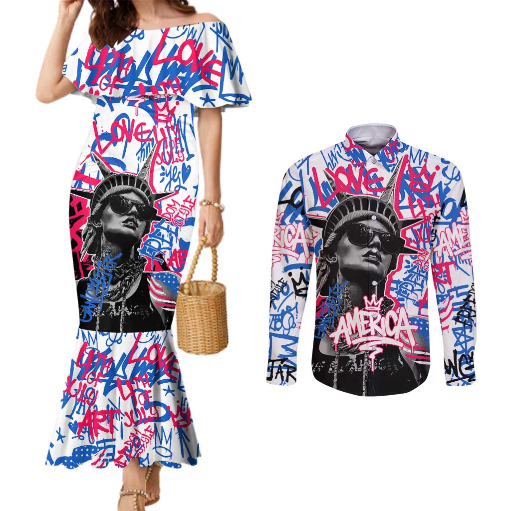 Statue of Liberty Graffiti Street Art Couples Matching Mermaid Dress and Long Sleeve Button Shirt America Text and 4th of July Theme in Red White and Blue Design - Wonder Print Shop